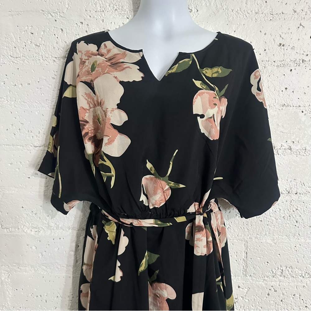 Nemidor Womens Dress 22 Black Pink Floral Short Sleeve Split V Neck Belted BM2 - Picture 2 of 5